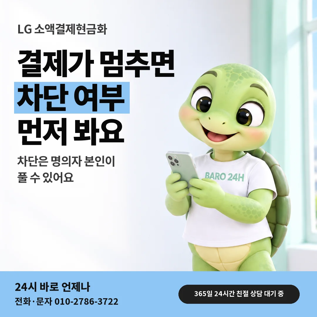 휴대폰을 보며 웃는 BARO 24H 티셔츠를 입은 3D 거북이 캐릭터 옆에 「LG 결제 차단 여부 묻기」 제목을 얹은 안내 카드