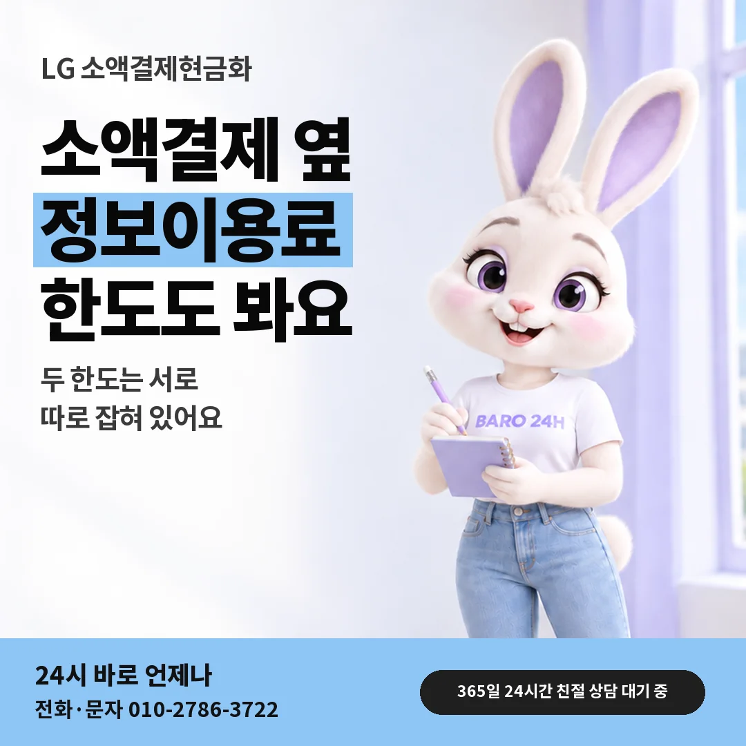 휴대폰을 보며 웃는 BARO 24H 티셔츠를 입은 3D 토끼 캐릭터 옆에 「LG 정보이용료 한도 따로 보기」 제목을 얹은 안내 카드