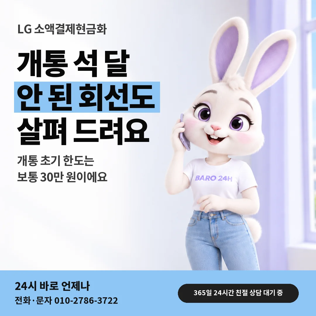 휴대폰을 보며 웃는 BARO 24H 티셔츠를 입은 3D 토끼 캐릭터 옆에 「LG 가입 기간과 한도」 제목을 얹은 안내 카드